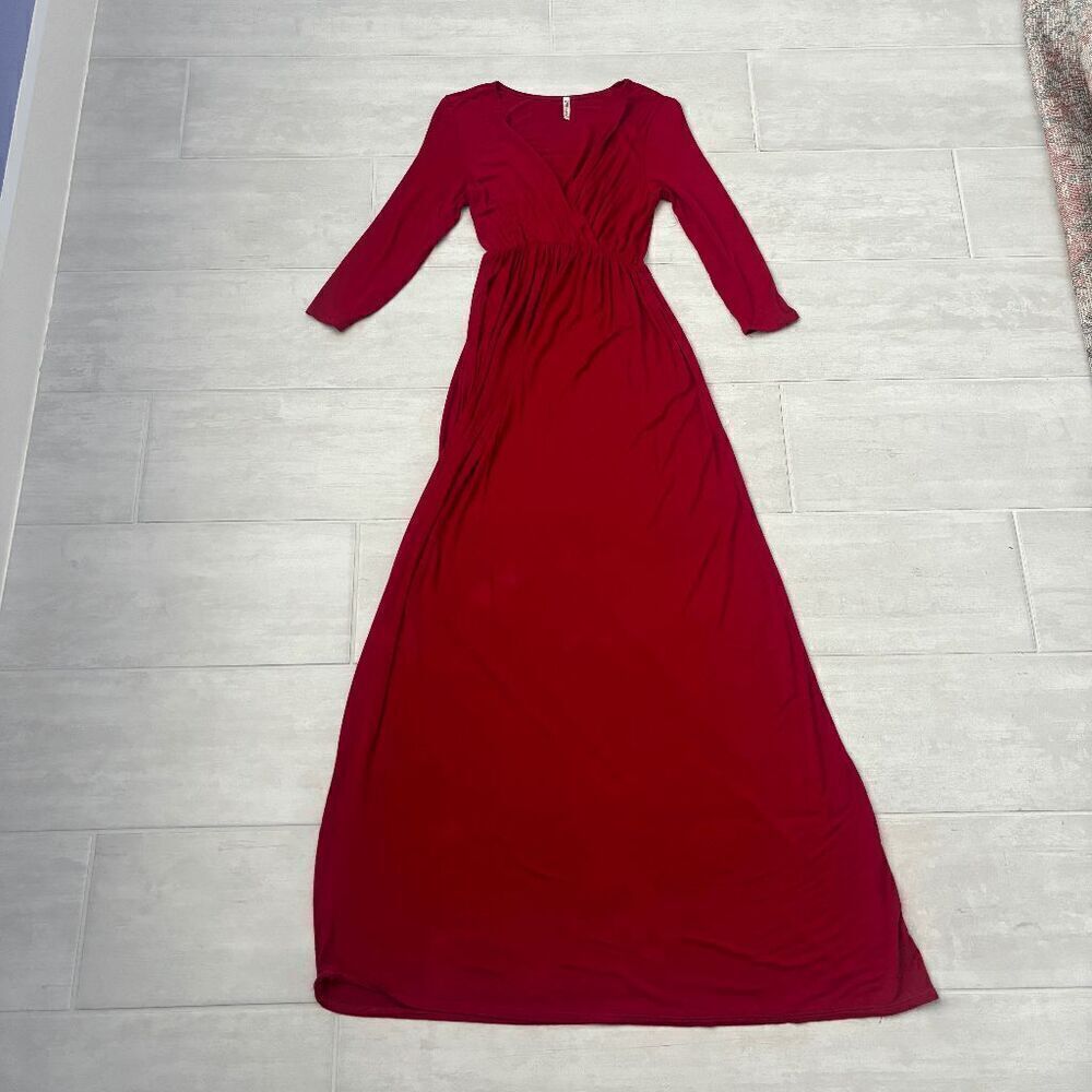 Mother Bee Maternity V-Neck 3/4 Sleeve Ruched Red Expecting Mother Maxi Dress